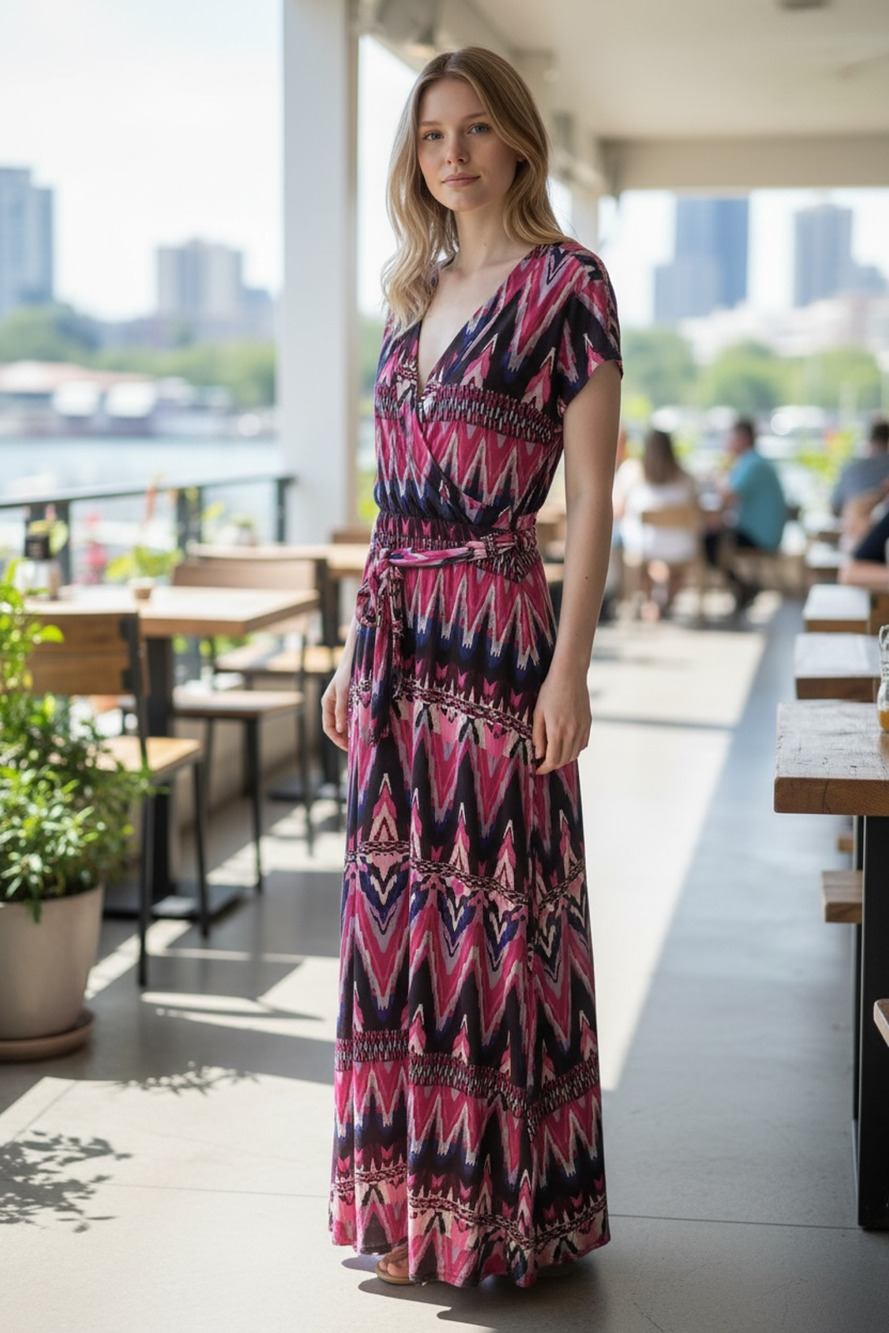 Women's size lg pink multi colored short sleeve crossed front long dress